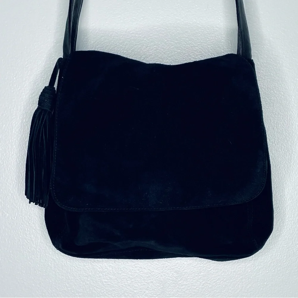 Lord & Taylor vintage boho hippie black leather and suede tassel shoulder bag - Picture 5 of 16